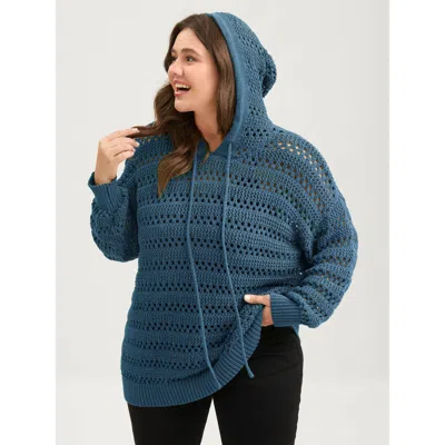 Bloomchic Women's Plus Size Cut-out Textured Drop Shoulder Pullover Aegean Not Graphics Long Sleeve Hooded Nec In Blue