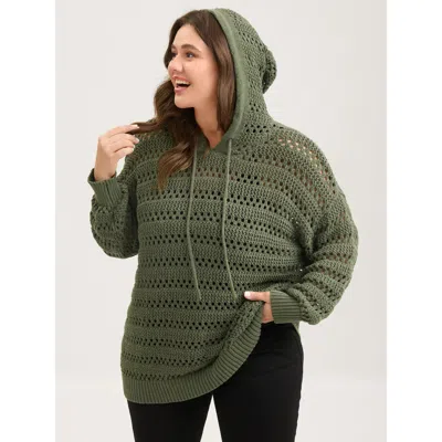 Bloomchic Women's Plus Size Cut-out Textured Drop Shoulder Pullover Moss Not Graphics Long Sleeve Hooded Neck  In Green