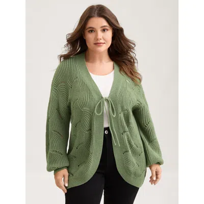 Bloomchic Women's Plus Size Cut-out Textured Tie Knit Cardigan Armygreen Long Sleeve 12/l