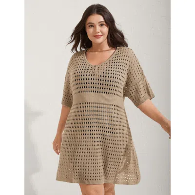 Bloomchic Women's Plus Size Cut-out Waist-cinched Button Swim Cover-up Tan Short Sleeve 10/m In Brown