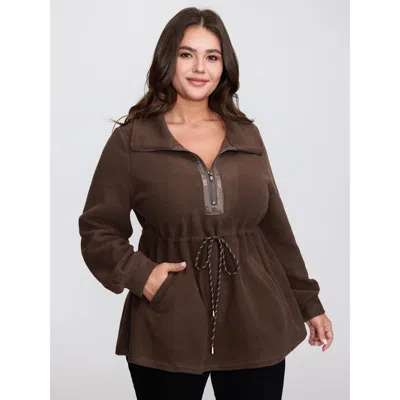 Bloomchic Women's Plus Size Dacron Drawstring Waist Zipper Sweatshirt Darkbrown Casual 10/m In Brown