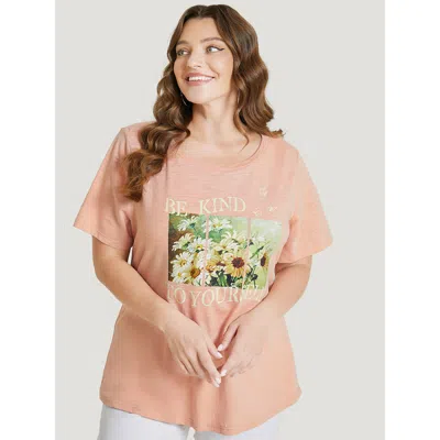 Bloomchic Women's Plus Size Daisy Floral & Letter Priint Round Neck T-shirt Crepe Dailywear 10/m