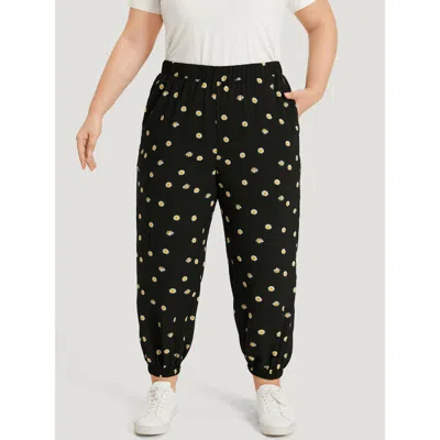 Bloomchic Women's Plus Size Daisy Floral Slant Pocket Ankle Pants Blackflower High Rise Dailywear 10/m