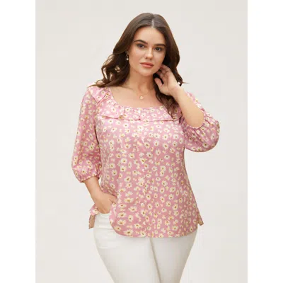 Bloomchic Women's Plus Size Daisy Patterned Ruffled Collar Blouse Lightpink Ditsy Floral Elegant 3/4 Sleeve Sq