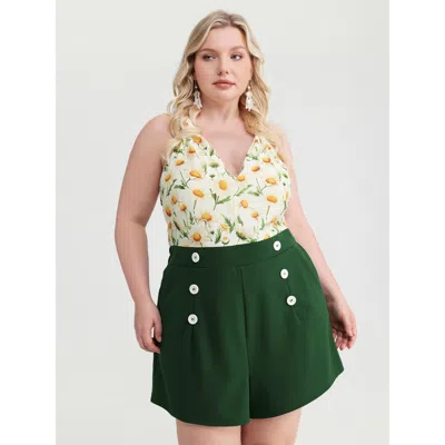 Bloomchic Women's Plus Size Daisy Print Halter Tie Neckline Romper Darkgreen Elegant 10/m In Green