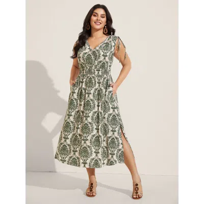 Bloomchic Women's Plus Size Damask Print Surplice Sleeveless Midi Dress Truegreen Ethnic Floral Midi Vacation 
