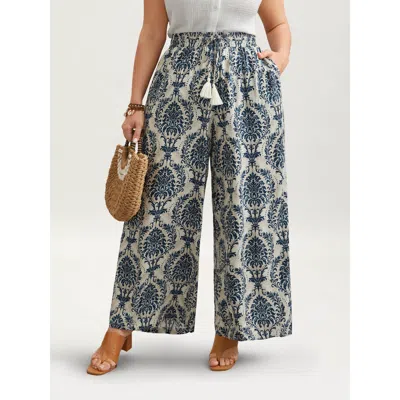 Bloomchic Women's Plus Size Damask Print Tassel Straight-leg Pants Darkblue Ethnic Floral Straight Fit High Ri In Blue