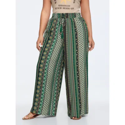 Bloomchic Women's Plus Size Damask Print Tassel Straight-leg Pants Emerald Ethnic Floral Straight Fit High Ris In Green