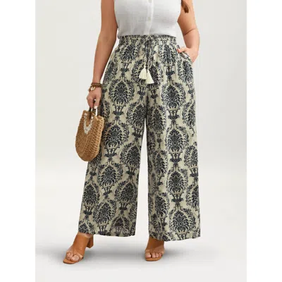 Bloomchic Women's Plus Size Damask Print Tassel Straight-leg Pants Midnight Ethnic Floral Straight Fit High Ri In Blue