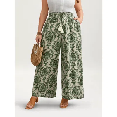 Bloomchic Women's Plus Size Damask Print Tassel Straight-leg Pants Truegreen Ethnic Floral Straight Fit High R