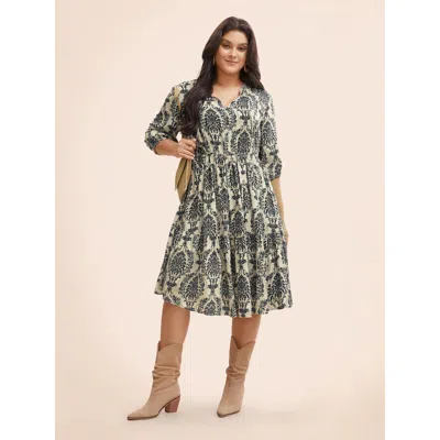 Bloomchic Women's Plus Size Damask Print Tie Knot Puff Sleeve Dress Black Botanical Midi Vacation Bowknot 12/l