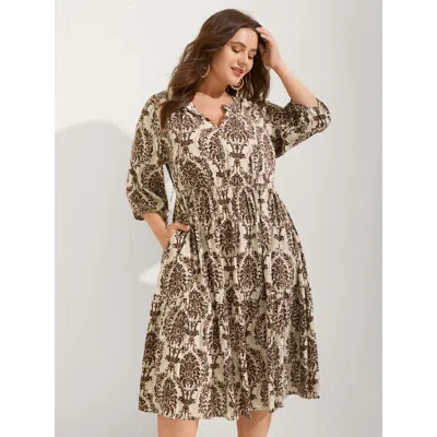 Bloomchic Women's Plus Size Damask Print Tie Knot Puff Sleeve Dress Browncoffeecolor Botanical Midi Vacation B