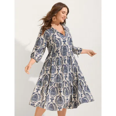 Bloomchic Women's Plus Size Damask Print Tie Knot Puff Sleeve Dress Darkblue Botanical Midi Vacation Bowknot 1 In Blue