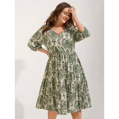 Bloomchic Women's Plus Size Damask Print Tie Knot Puff Sleeve Dress Greenbean Botanical Midi Vacation Bowknot 