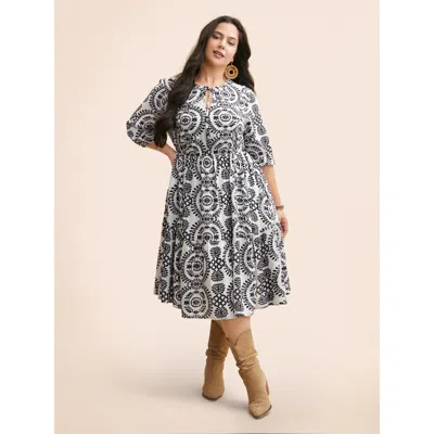 Bloomchic Women's Plus Size Damask Print Tie Knot Puff Sleeve Dress Midnight Botanical Midi Vacation Bowknot 3 In Blue