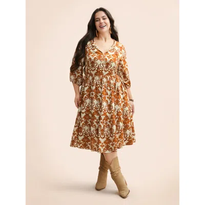 Bloomchic Women's Plus Size Damask Print Tie Knot Puff Sleeve Dress Russet Botanical Midi Vacation Bowknot 10/ In Brown