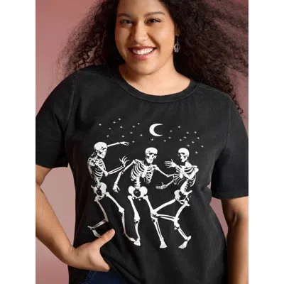 Bloomchic Women's Plus Size Dancing Skeletons Printed Crew Neck T-shirt Acidwashblack Non Casual Short Sleeve 