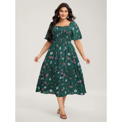 Bloomchic Women's Plus Size Dark Floral Print Shirred Bodice Midi Dress Darkgreen Floral Midi Elegant Shirred  In Green