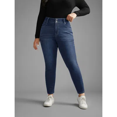 Bloomchic Women's Plus Size Dark Wash Button Up Skinny Jeans Denimblue Button Skinny Fit Medium Stretch 10/m In Blue