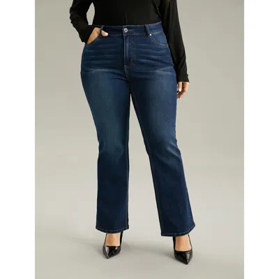 Bloomchic Women's Plus Size Dark Wash Button Up Straight Leg Jeans Darkblue Plain Plain High Stretch 10/m In Blue