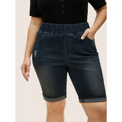 Bloomchic Women's Plus Size Dark Wash Distressed Roll Hem Denim Shorts Bluevintage Roll Hem High Stretch Every