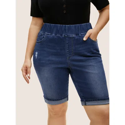 Bloomchic Women's Plus Size Dark Wash Distressed Roll Hem Denim Shorts Denimindigo Roll Hem High Stretch Every