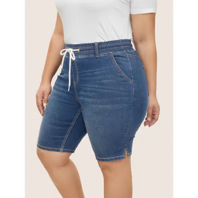 Bloomchic Women's Plus Size Dark Wash Drawstring Slit Hem Denim Shorts Denimlightblue Drawstring High Stretch 