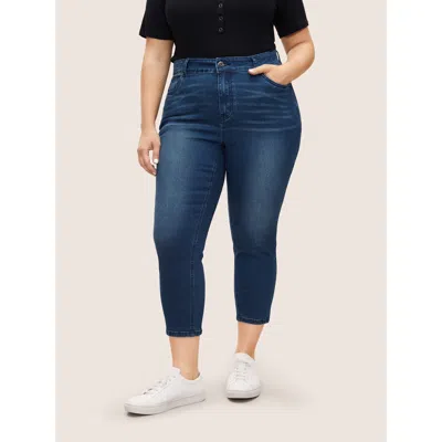 Bloomchic Women's Plus Size Dark Wash Pocket Slim Cropped Jeans Aegean Plain Non High Stretch 10/m In Blue
