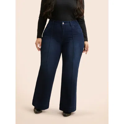 Bloomchic Women's Plus Size Dark Wash Seam Detail Wide Leg Jeans Denimindigo Pocket Wide Leg Medium Stretch 10
