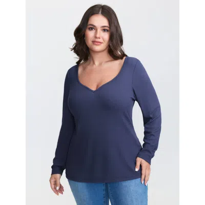 Bloomchic Women's Plus Size Deep Neckline Ribbed Fitted T-shirt Darkblue Solid Casual Long Sleeve Sweetheart N In Blue