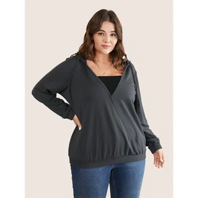 Bloomchic Women's Plus Size Deep V Neck Hooded Drawstring Sweatshirt Dimgray Plain Dailywear 10/m