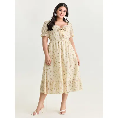 Bloomchic Women's Plus Size Delicate Floral Print Bow-knot Maxi Dress Beige Ditsy Floral Maxi Elegant Woven Ri In Sand