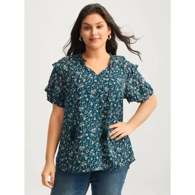 Bloomchic Women's Plus Size Delicate Florals Ruffled Tiered Sleeve Blouse Aegean Ditsy Floral Vacation Short S In Blue