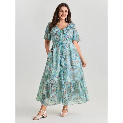 Bloomchic Women's Plus Size Delicate Paisley Print Ruffled Detail Maxi Dress Multicolor Paisley Tunic Vacation