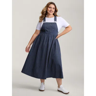 Bloomchic Women's Plus Size Denim Adjustable Overall Straps Pockets Midi Dress Denimindigo Midi Casual A-line 