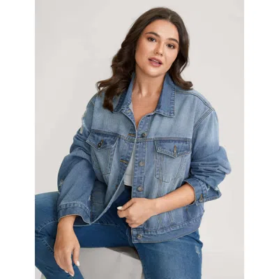 Bloomchic Women's Plus Size Denim Chest Flaps Cropped Jacket Midblue Not Graphics Casual 26/4x