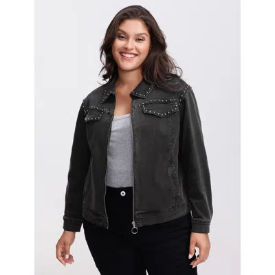 Bloomchic Women's Plus Size Denim Chest Flaps Zipper Jacket Acidwashblack Casual 18-20/2x