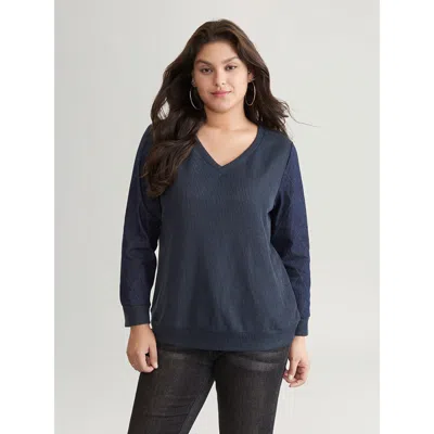 Bloomchic Women's Plus Size Denim Effect Patchwork Waffle Knit Sweatshirt Blue Plain Dailywear 30/6x