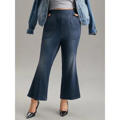 Bloomchic Women's Plus Size Denim Effect Print Elastic Waist Flare Leg Leggings Stone High Stretch High Rise E In Gray