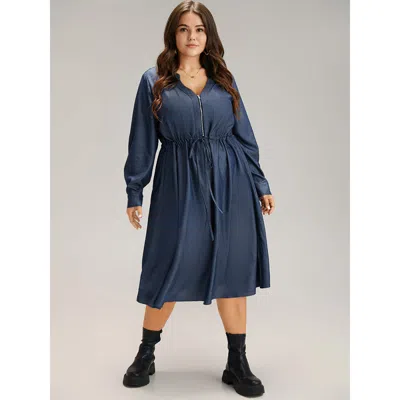 Bloomchic Women's Plus Size Denim Half Zip Drawstring Elastic Waist Dress Indigo Dailywear Plain 14-16/1x In Purple