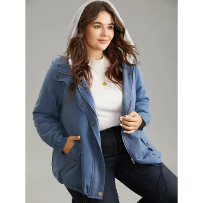 Bloomchic Women's Plus Size Denim Hooded Drawstring Fuzzy Patchwork Jacket Blue Lined 14-16/1x