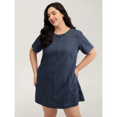 Bloomchic Women's Plus Size Denim Pockets Button Back Mini Dress Denimindigo Short Casual A-line 22-24/3x