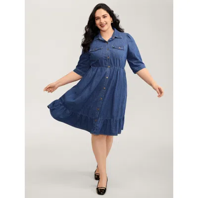 Bloomchic Women's Plus Size Denim Ruffled Hem Pockets Shirt Dress Midblue Mini Elegant Fit & Flare 10/m