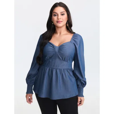 Bloomchic Women's Plus Size Denim Shirred Back Sweetheart Neck Blouse Denimblue Non Elegant Long Sleeve 30/6x In Blue
