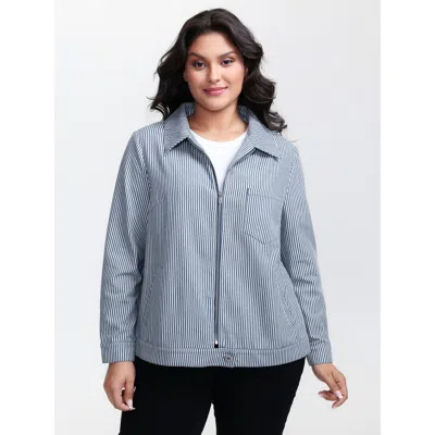 Bloomchic Women's Plus Size Denim Stripe Zipper-front Jacket Mediumblue H-line 22-24/3x
