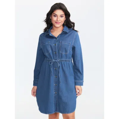 Bloomchic Women's Plus Size Denim Waist-defining Shirt Dress Midblue Mini Casual Straight Fit 10/m