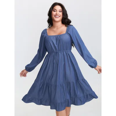 Bloomchic Women's Plus Size Denim-like Cinched-waist Pockets Midi Dress Denimblue Non Midi Casual 30/6x In Blue