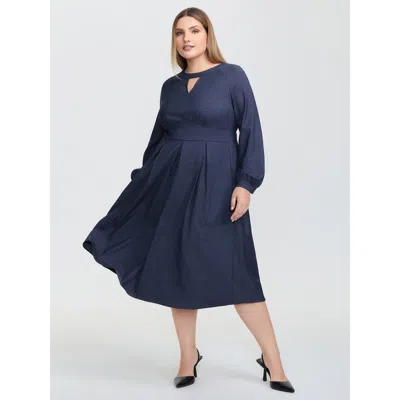 Bloomchic Women's Plus Size Denim-like Pleated Cut-out Neck Maxi Dress Denimblue Non Midi Office Gathered 10/m In Blue