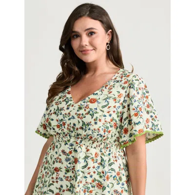 Bloomchic Women's Plus Size Dense Floral Print Bustier Shirred Waist Blouse Beige Ditsy Floral Elegant Short S In Sand
