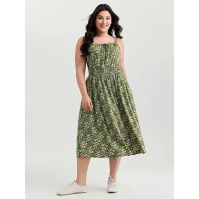 Bloomchic Women's Plus Size Dense Floral Print Cinched-waist Midi Dress Moss Ditsy Floral Midi Casual Tie Knot In Green